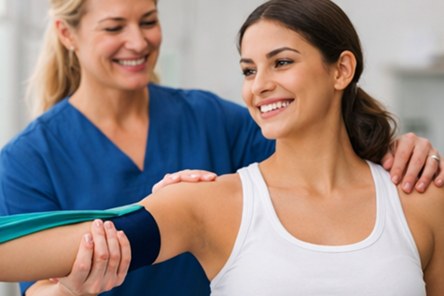 Patient doing recovery exercises with a PT after a Shoulder Stabilization Surgery.