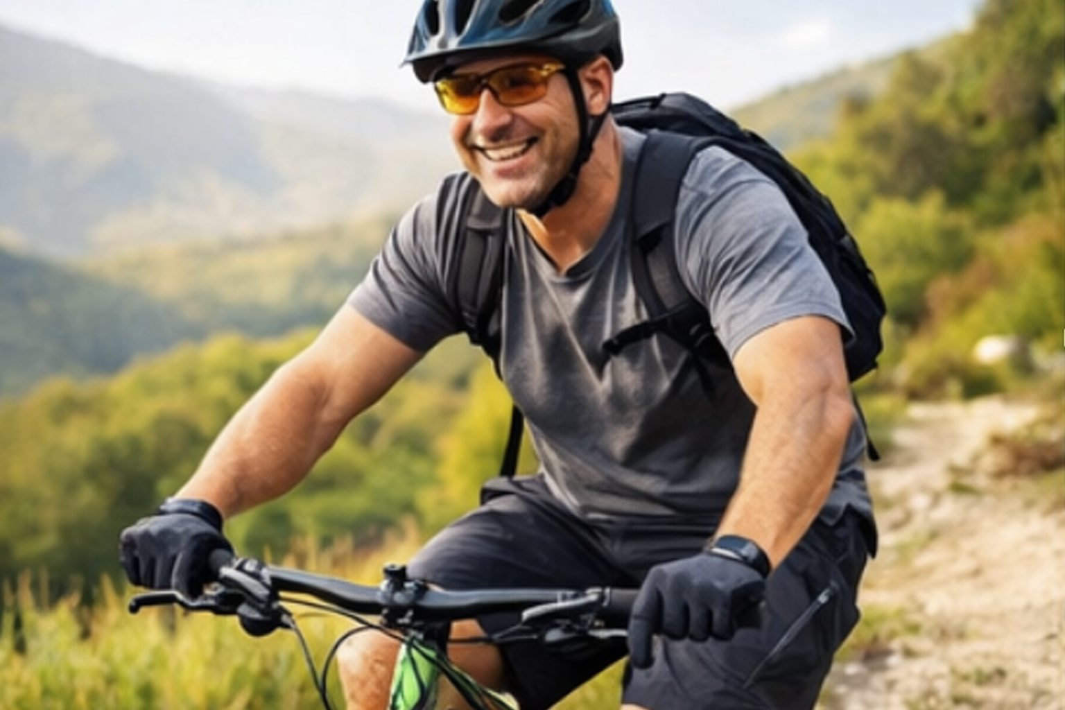 A man biking after a shoulder fracture surgery.