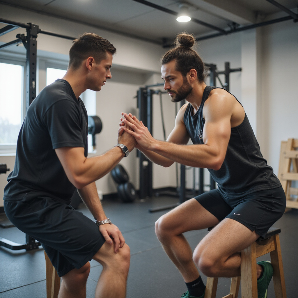 Physical therapist closely observing an athlete performing a workout to ensure proper form in a gym settinganalysis of sports biomechanics motion capture biomechanical analysis motion capture force force force emg emg gps tracking motion capture motion analysis analysis of sports biomechanics rehabilitation evaluation optimization biomechanics force sports biomechanics sports biomechanics analysis of sports biomechanics kinetics machine learning evaluation sensors kinetics motion analysis evaluation kinetics qualitative analysis rehabilitation kinematics biomechanical analysis qualitative analysis biomechanics plantar pressure sensors kinematics sensors evaluation sports biomechanics emg sports biomechanics biomechanical analysis force biomechanics plantar pressure quantitative analysis biomechanical analysis sports biomechanics emg biomechanical analysis rehabilitation optimization sensors biomechanics sensors quantitative analysis biomechanics biomechanics electromyography sports biomechanics electromyography biomechanics