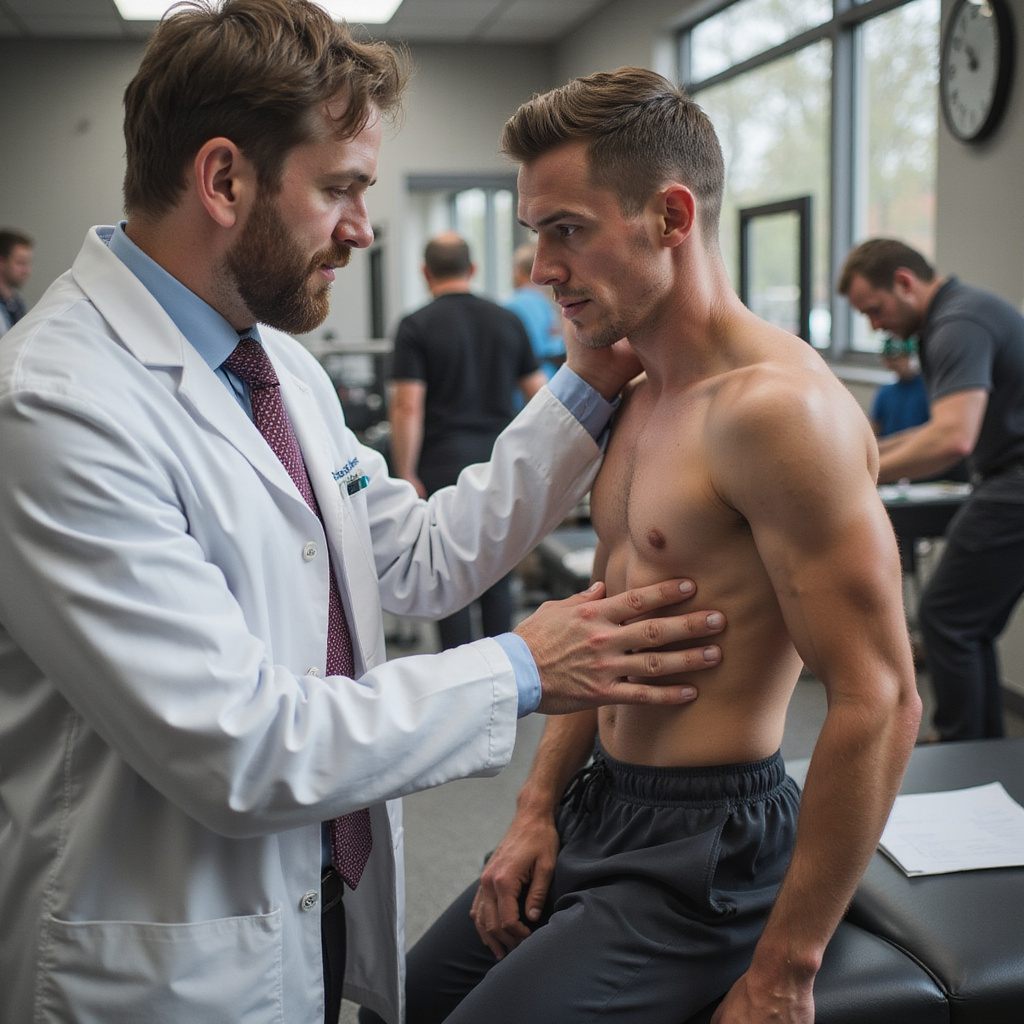 ALT TEXT: Sports medicine doctor examining an athlete’s injured shoulder in a clinic room pain physical examination supraspinatus assessment of throwing shoulder scapula instability instability shoulder physical examination rotator cuff shoulder pain instability labrum biceps palpation shoulder pain internal rotation shoulder shoulder instability internal rotation instability shoulder shoulder impingement syndrome assessment of throwing shoulder range of motion labral tears physical exam pain bankart lesions shoulder glenohumeral impingement biceps assessment of throwing shoulder subacromial impingement shoulder shoulder range of motion scapula labral tears instability assessment of throwing shoulder shoulder shoulder impingement rotator cuff acromioclavicular joint rotator cuff humerus physical exam slap lesions shoulder rotator cuff shoulder range of motion shoulder adhesive capsulitis assessment of throwing shoulder impingement shoulder range of motion shoulder shoulder impingement rotator cuff shoulder shoulder physical examination pain palpation subscapularis rotator cuff shoulder slap lesions assessment of throwing shoulder inspection shoulder injuries shoulder physical exam glenohumeral labrum shoulder labral tears impingement shoulder labrum scapula slap lesions frozen shoulder impingement impingement shoulder pain impingement slap lesions
