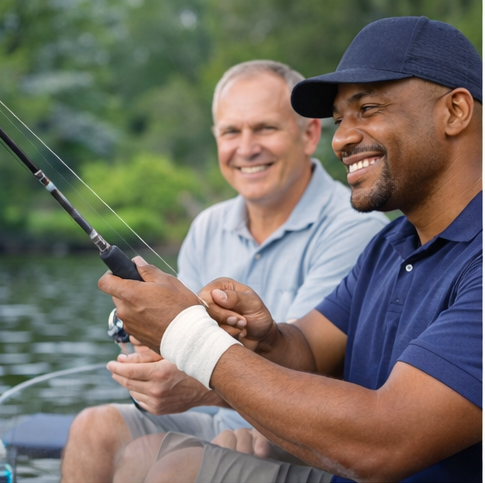 Two men fishing one just had a Wrist Ligament Repair.scapholunate ligament injury ligaments repairing wrist ligaments surgery debridement scapholunate ligament ligaments wrist arthroscopy scapholunate ligament surgery orthopedic surgeon surgery ligament surgery on wrist surgery