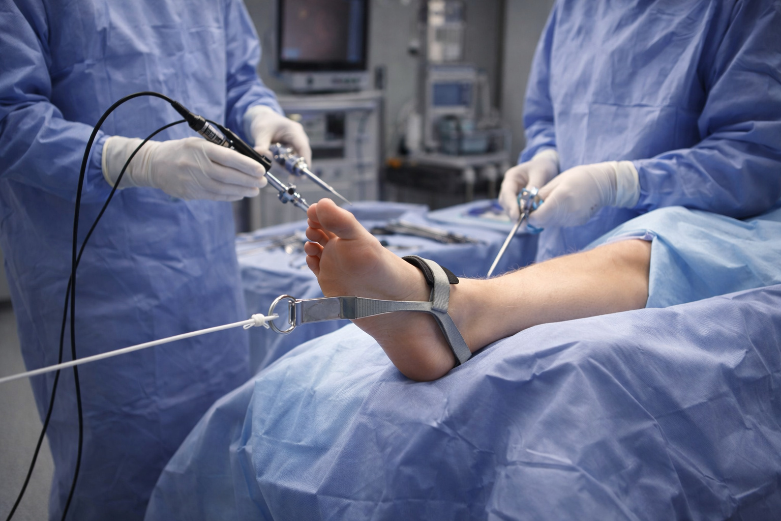 Patient undergoing ankle arthroscopy in a modern operating room, foot elevated and secured in a traction device, sterile blue drapes covering the rest of the body, while a surgeon and assistant work with an arthroscope and surgical instruments under clinical lighting. ankle arthroscopy cartilage surgery debridement ankle arthroscopy techniques arthroscopy bone spurs arthroscopy ankle arthroscopies ankle fracture arthroscopy ankle debridement ankle bone spurs fracture ankle arthroscopic repair ankle joint ankle fracture arthroscopy ankle arthroscopy ankle arthroscopic repair ankle ankle arthroscopy ankle minimally invasive surgery fracture surgery arthroscopy arthroscopy debridement ankle joint