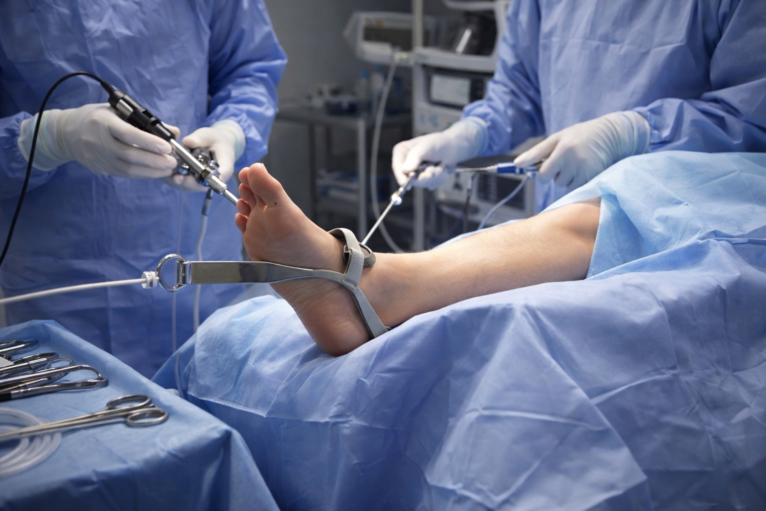 “A patient’s foot is elevated and secured in a traction device beneath sterile blue drapes during ankle arthroscopy in a modern operating room, while a surgeon and assistant work with an arthroscope and surgical instruments under bright clinical lights.” surgery ankle arthroscopy rehab ankle ankle arthroscopic repair surgery ankle arthroscopy ankle joint ankle arthroscopic surgery ligament surgery ankle arthroscopic repair minimally invasive surgery ankle arthroscopic repair arthroscopy lesions ankle ankle arthroscopic surgery ankle joint surgical procedure ankle joint surgery ankle joint ankle arthroscopy ankle fracture ankle joint ankle arthroscopic surgery ankle ankle joint surgery invasive surgery ankle sprain ankle ankle lesions