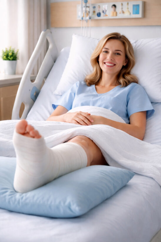 A cheerful patient relaxing in a hospital room, smiling and showing his supported ankle after successful fracture surgery.” ankle fracture screws medial malleolus syndesmosis bimalleolar fracture posterior malleolus medial malleolus syndesmosis minimally invasive ankle fracture fix ankle fractures ankle joint medial malleolus ankle joint posterior malleolus boot ankle fracture operation ankle fracture fix ankle joint posterior malleolus ankle fractures ankle joint ankle fractures ankle fractures minimally invasive ankle fractures