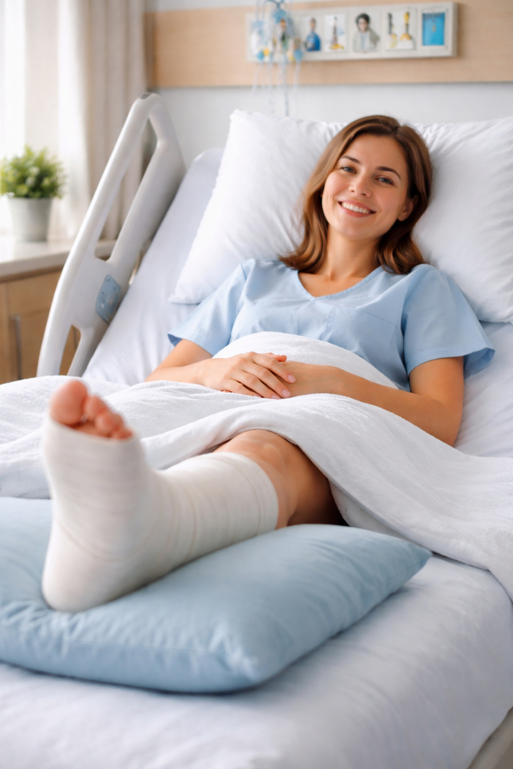 Smiling patient recovering in a hospital bed with a bandaged, elevated ankle after successful fracture surgery" ankle joint ankle fracture fix ankle fracture ankle fractures syndesmosis ankle joint ankle fracture fix posterior malleolus posterior malleolus orthopedic surgeon medial malleolus syndesmosis lateral malleolus ankle fracture fix screws screws external fixation ankle fracture boot ankle fracture fix ankle fracture fix ankle fracture fix ankle fractures ankle fractures lateral malleolus ankle fractures