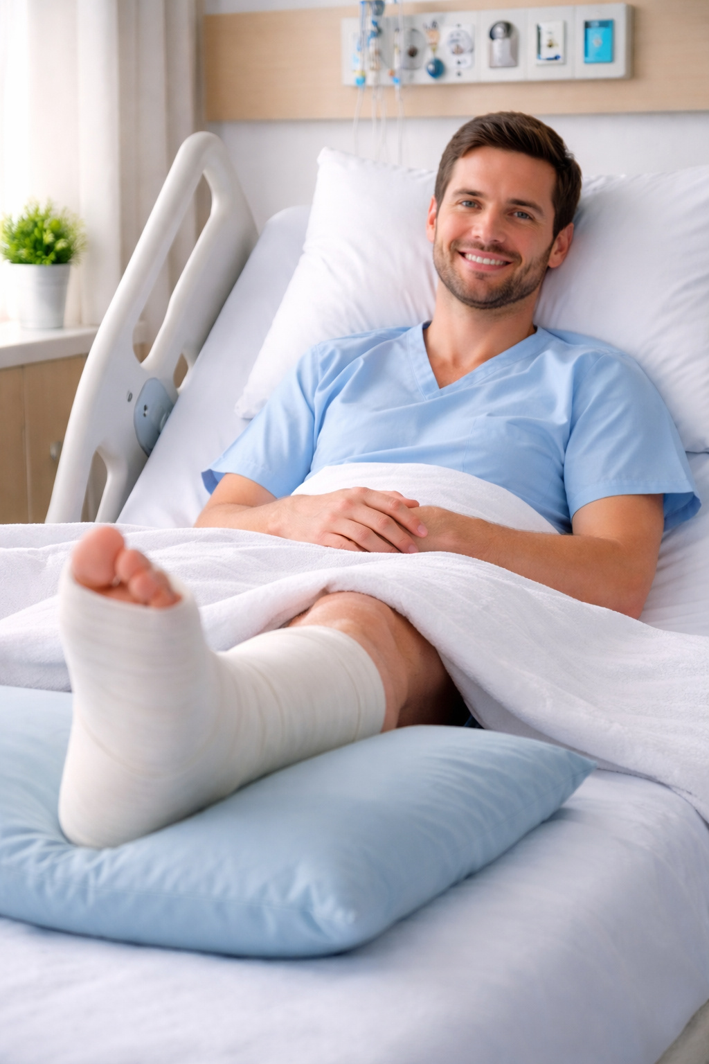 A cheerful patient relaxing in a hospital room, smiling and showing his supported ankle after successful fracture surgery ankle joint syndesmosis ankle fractures lateral malleolus ankle fracture surgery posterior malleolus posterior malleolus lateral malleolus ankle joint medial malleolus ankle fracture lateral malleolus trimalleolar fracture boot ankle fracture postoperative care bimalleolar fracture boot ankle fractures boot lateral malleolus medial malleolus posterior malleolus medial malleolus ankle fractures plaster cast