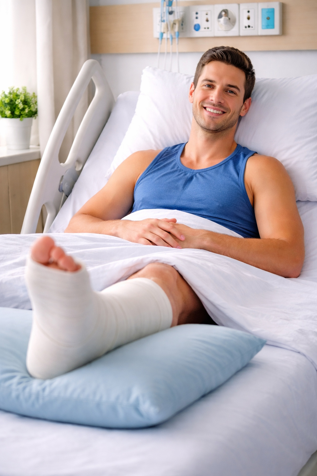 Smiling patient recovering in a hospital bed, bandaged ankle elevated on a pillow after successful fracture surgery. lateral malleolus lateral malleolus external fixation ankle fractures bimalleolar fracture screws plaster cast posterior malleolus ankle fractures ankle fracture surgery ankle fracture minimally invasive surgery ankle fractures ankle fracture operation ankle fractures ankle fracture fix orthopedic surgeon ankle fracture fix syndesmosis ankle fracture fix ankle fracture fix ankle fracture orthopedic surgeon syndesmosis