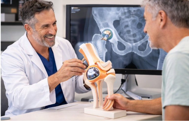 Doctor discussing hip resurfacing surgery options with patient using hip implant model in orthopedic clinic. total hip replacement hip resurfacing hip resurfacing hip replacement metal hip resurfacing complications hip resurfacing hip joint resurfacing metal hip implant resurfacing metal hip implant resurfacing total hip replacement total hip replacement hip resurfacing complications hip resurfacing metal total hip replacement birmingham hip resurfacing hip implants hip joint resurfacing hip replacement avascular necrosis hip implant resurfacing hip replacement hip replacement avascular necrosis