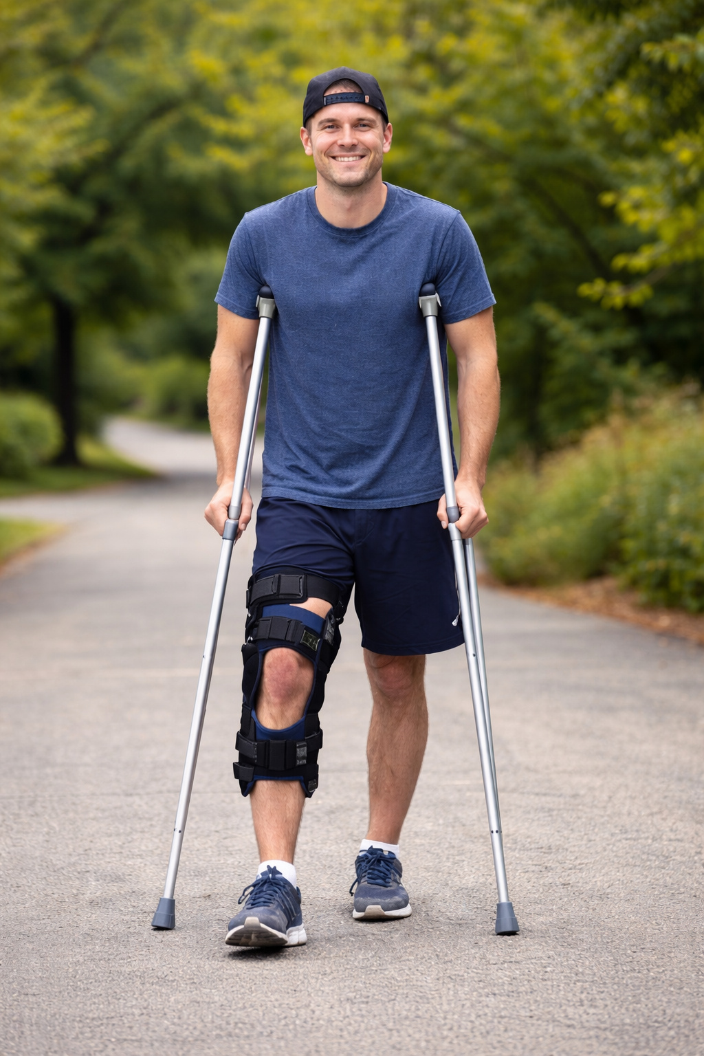 Patient walking with crutches and knee brace outdoors during LCL reconstruction recovery knee replacement surgery knee replacement surgery surgery surgery surgery surgery surgery surgery knee replacement surgery surgery surgery knee lcl reconstruction surgery surgery